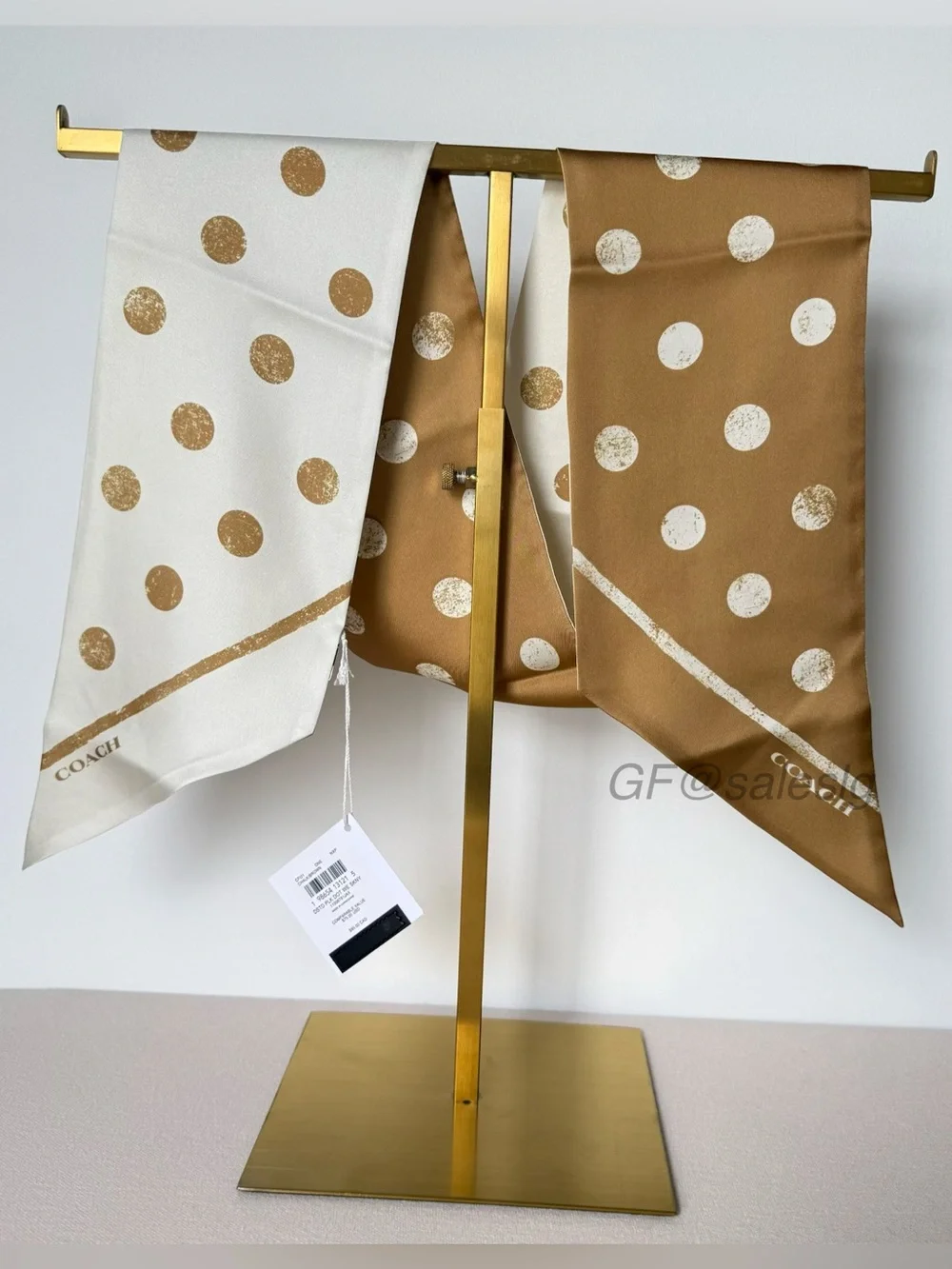 NWT Coach Distressed Dot Print Silk Wide Skinny Scarf Chalk/Brown CFI21